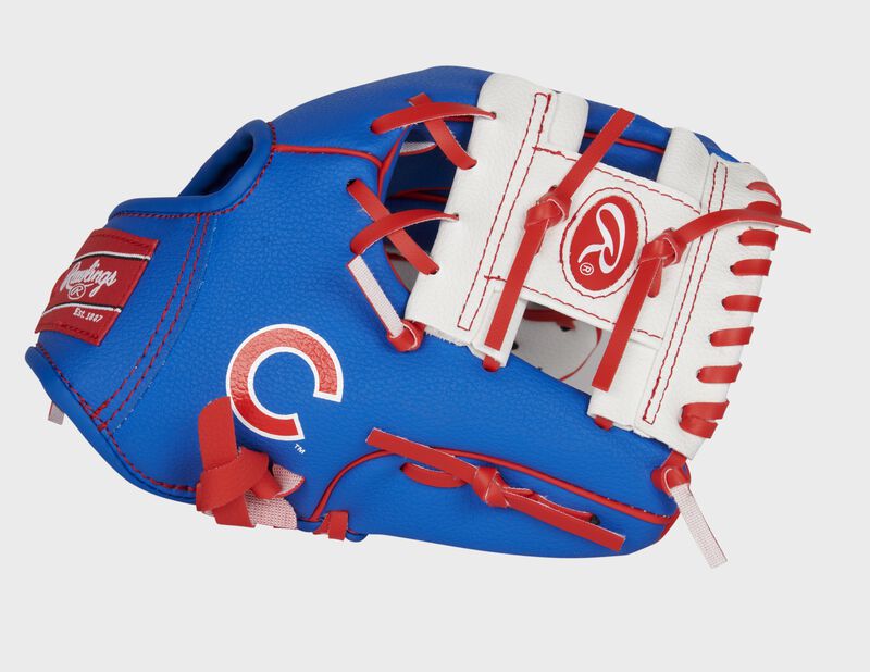 Thumb of a blue/white Chicago Cubs 10-Inch team logo glove with a white I-web and Cubs logo on the thumb - SKU: 22000008111 loading=