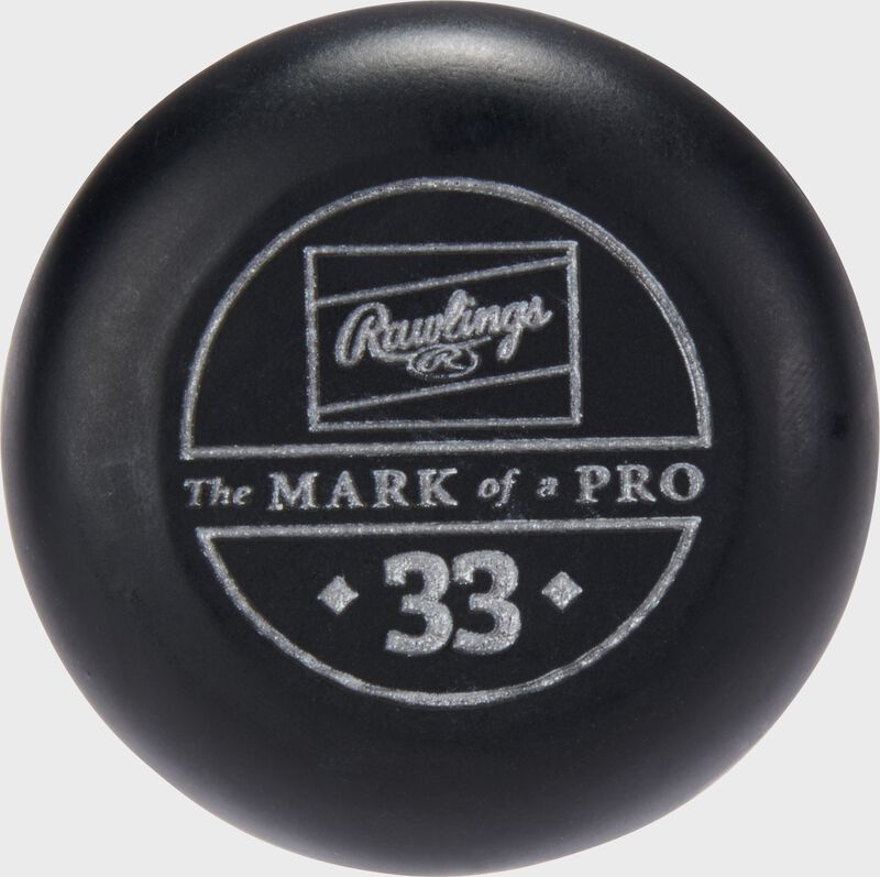 Black knob of a Rawlings Pro Preferred JT39 torpedo barrel birch wood bat