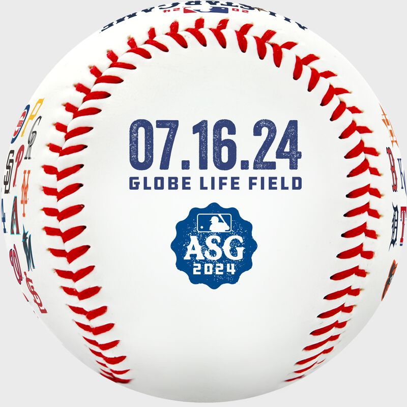 A replica baseball with the MLB All-Star Game date and Globe Life Field stamped on it