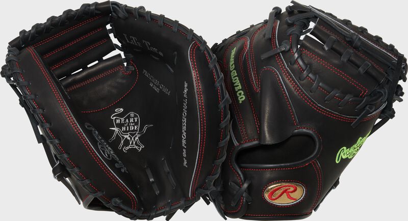 Two images showing the palm & back of a black Gameday 57 Series Gabriel Moreno Heart of the Hide Catcher's Mitt loading=