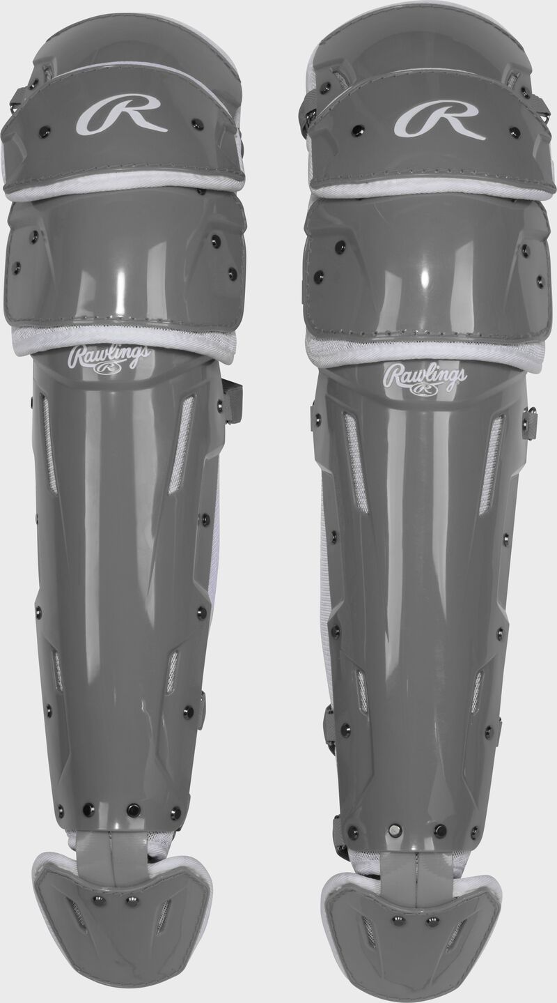 Front of a set of graphite Rawlings Mach Pro Series leg guards