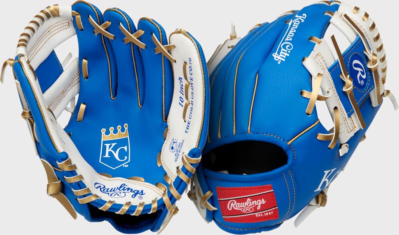 Two images showing the palm & back of a royal Kansas City Royals team logo youth glove