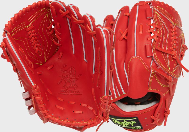 Two images showing the palm & back of a red orange Rawlings Heart of the Hide Japan Series 11.75" glove