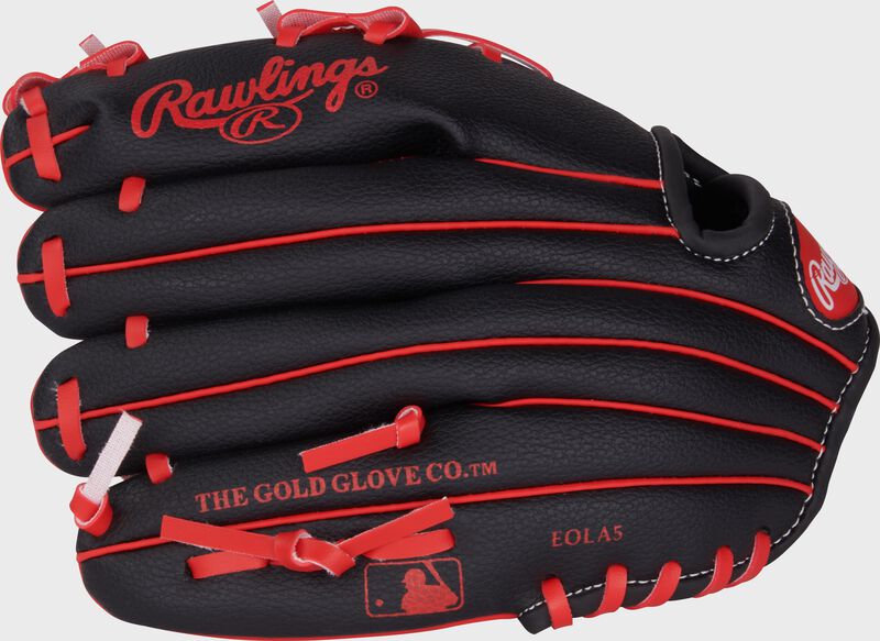 Back of a black Players Series 10" youth glove with the MLB logo on the pinky loading=