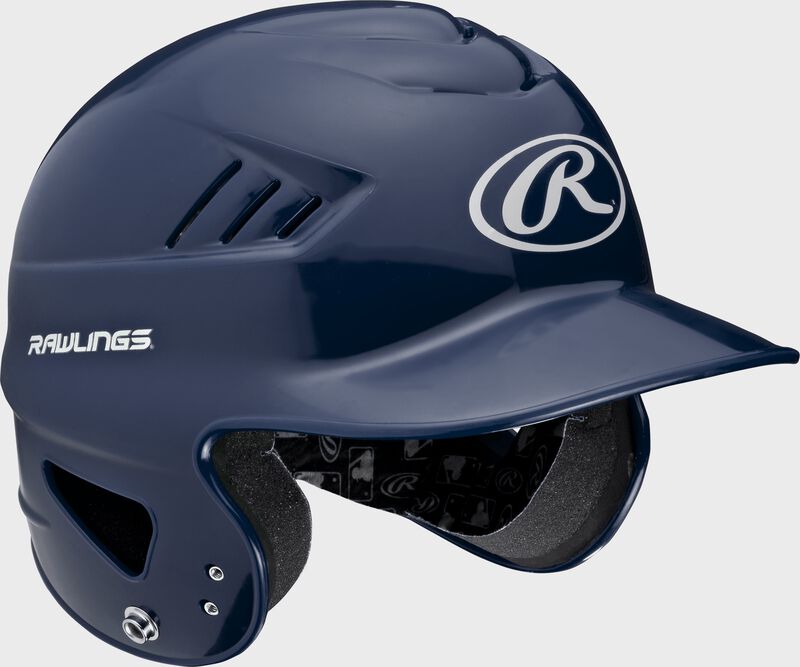 Right anlge of a navy RCFTB Rawlings t-ball helmet with Coolflo vents loading=