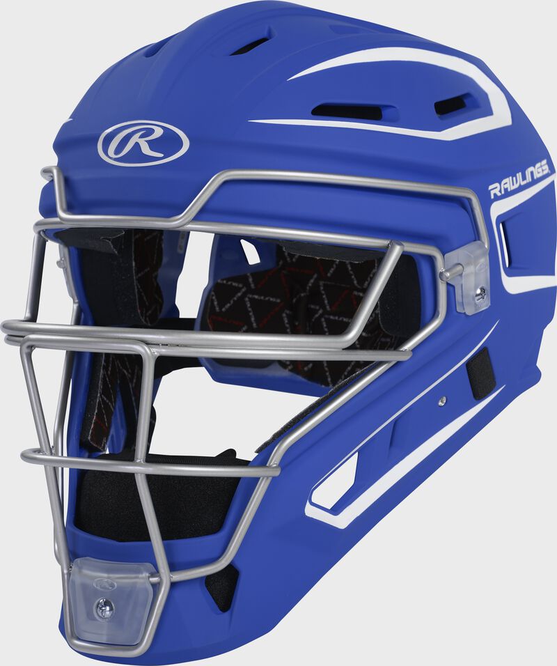 Front left of a royal Velo 2.0 catcher's helmet