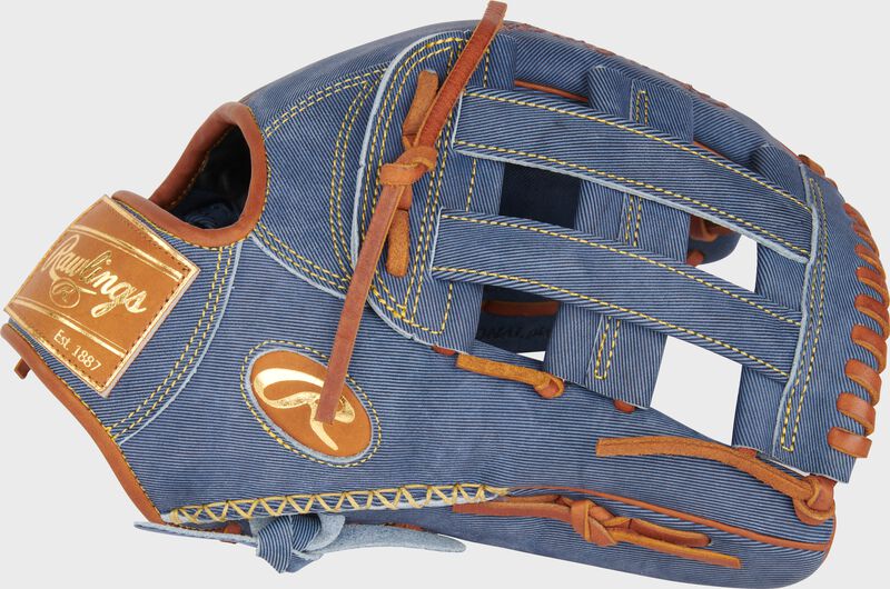 Thumb of a Heart of the Hide Pro Label Denim outfield glove with a Pro H web