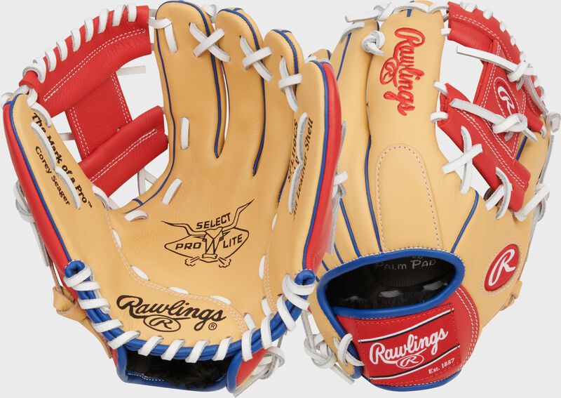 Two images showing the palm & back of a camel Corey Seager Select Pro Lite baseball glove loading=