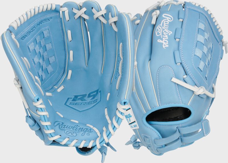 Two images showing the palm & back of a Columbia blue Rawlings R9 Series 12.5" utility fastpitch glove loading=