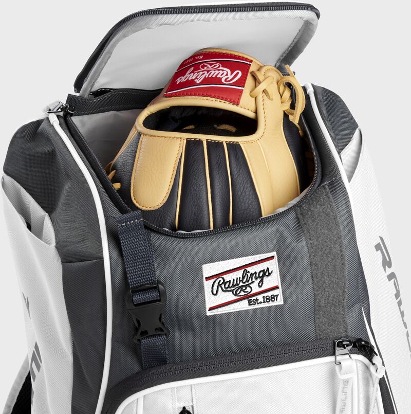 Two batting gloves hanging on the front Velcro strap of a Franchise baseball backpack - SKU: FRANBP-W