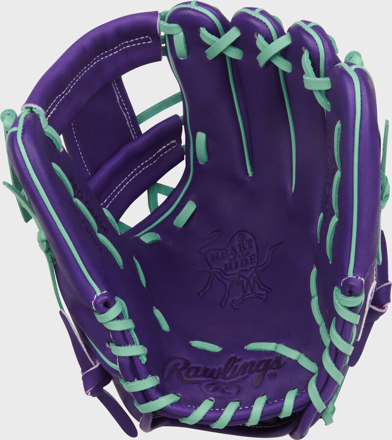 Palm of a Heart of the Hide 11.5-Inch Purple Infield Glove with mint laces