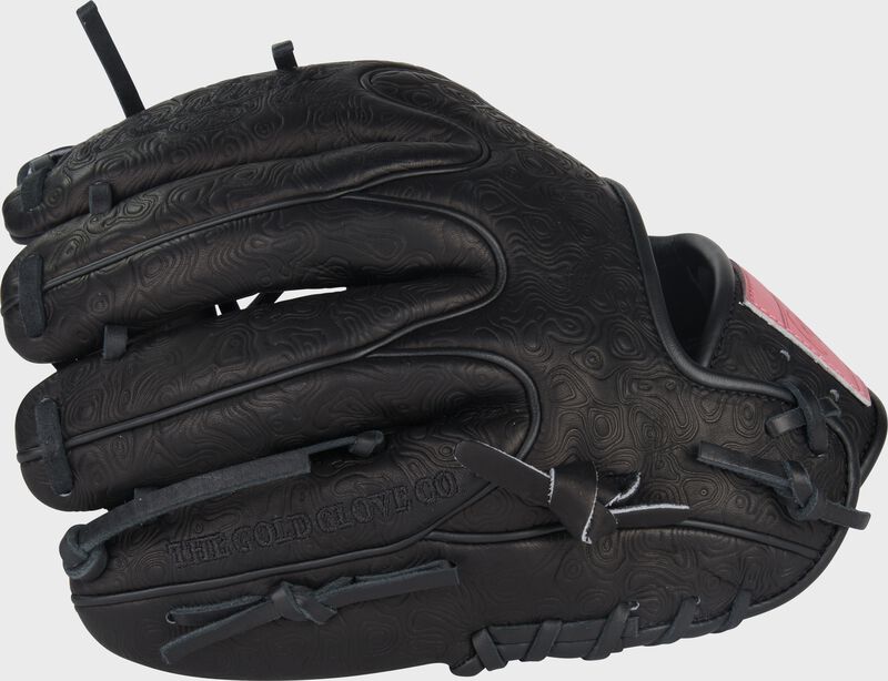 Back of a black Rawlings Heart of the Hide 11.5-Inch Wing Tip infield glove with the MLB logo on the pinky