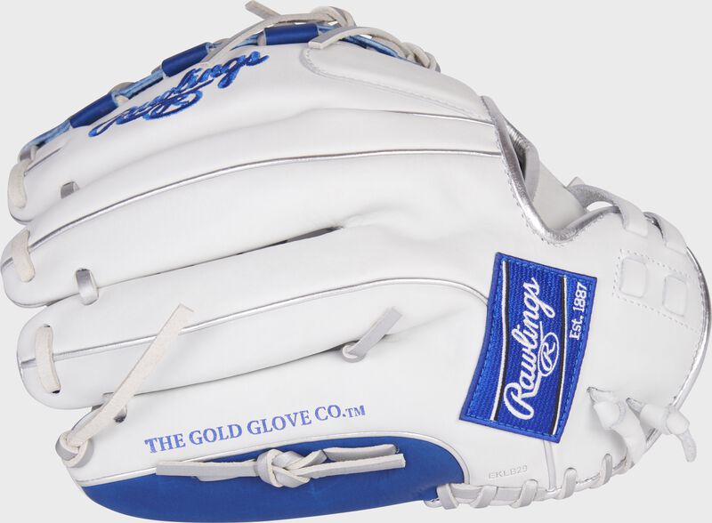 Back of a white Liberty Advanced Color Series 12.5-Inch fastpitch glove with a royal Rawlings patch - SKU: RLA125-18WRP loading=