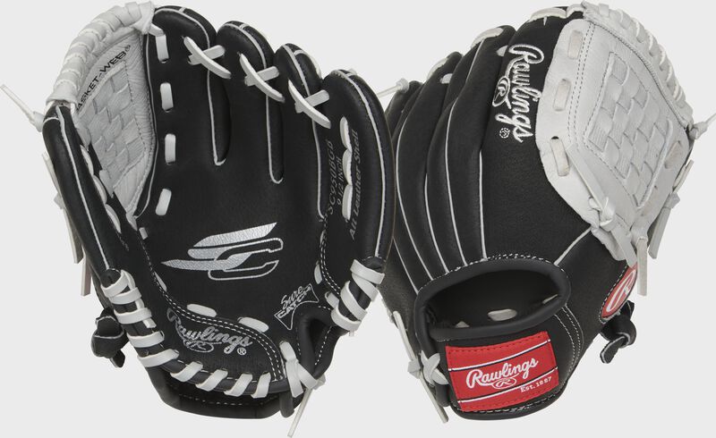 Two images showing the palm & back of a black Sure Catch 9.5" youth glove loading=