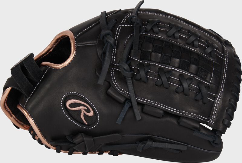 Thumb of a black R9 Series 12.5" utility fastpitch glove with a black laced Basket web loading=