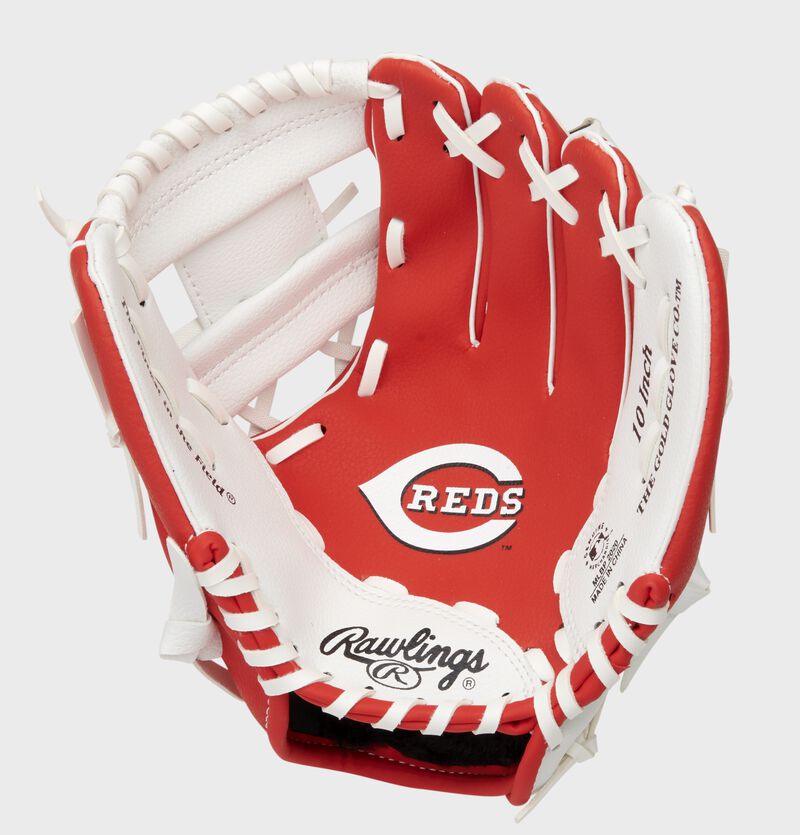 A red/white Rawlings Cincinnati Reds youth glove with a Reds logo stamped in the palm - SKU: 22000023111 loading=