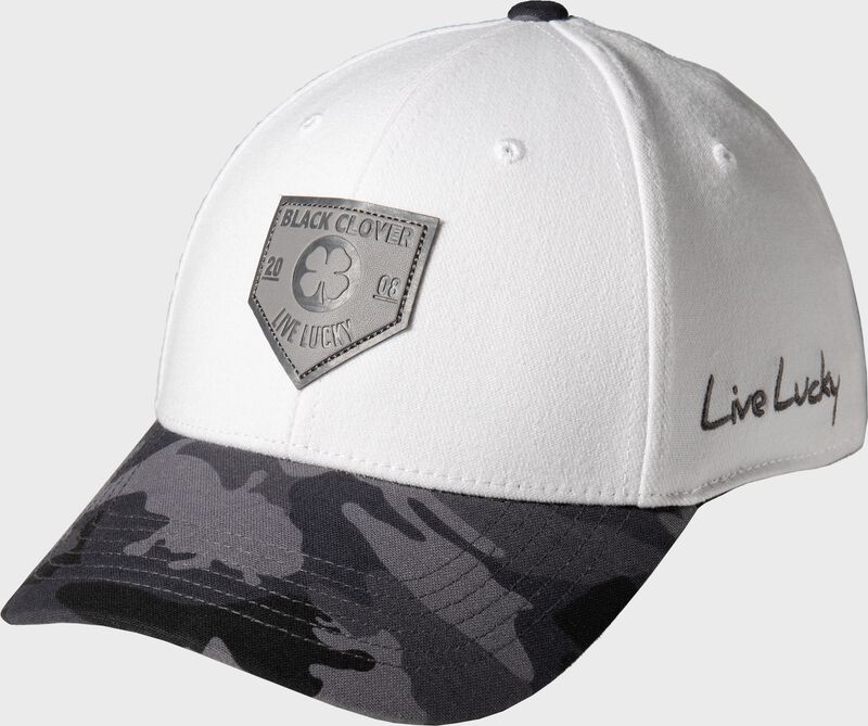 Front of a white Rawlings Black Clover leather patch camo fitted hat - SKU: BCR3LPC0081 loading=