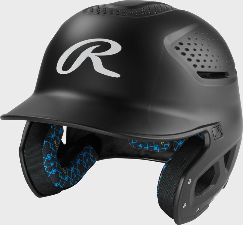 Front left of a black Rawlings RX2 batting helmet