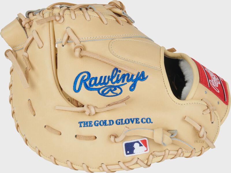 Back of a camel Bryce Harper Pro Preferred 13-Inch 1st Base Mitt with the MLB logo on the pinky