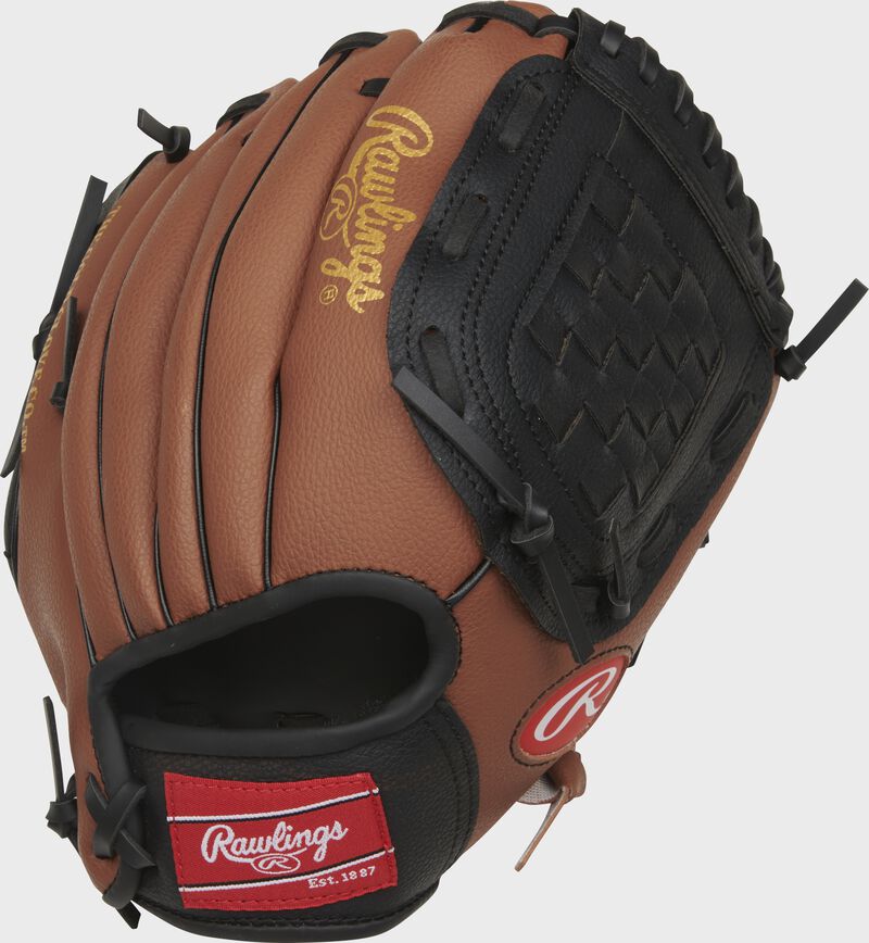 Back of a tan/black Player Series youth baseball glove with a red Rawlings patch logo - SKU: PL105DTB loading=