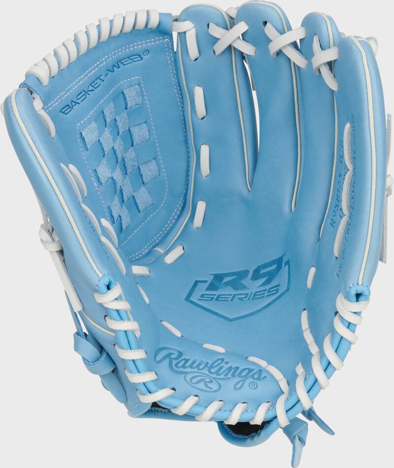 Columbia blue palm of a Rawlings R9 Series fastpitch glove with white laces loading=