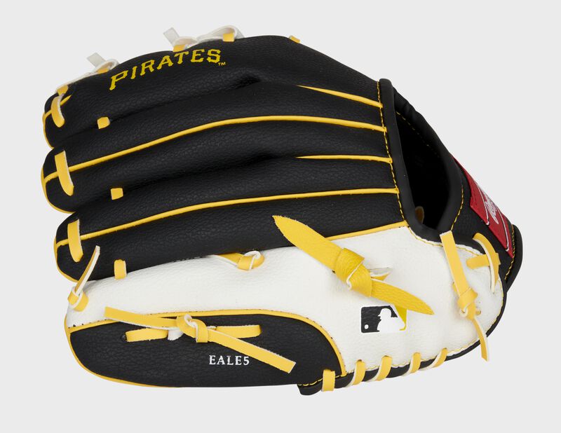Back of a black/white Pittsburgh Pirates 10-inch youth glove with the MLB logo on the pinky - SKU: 22000021111 loading=