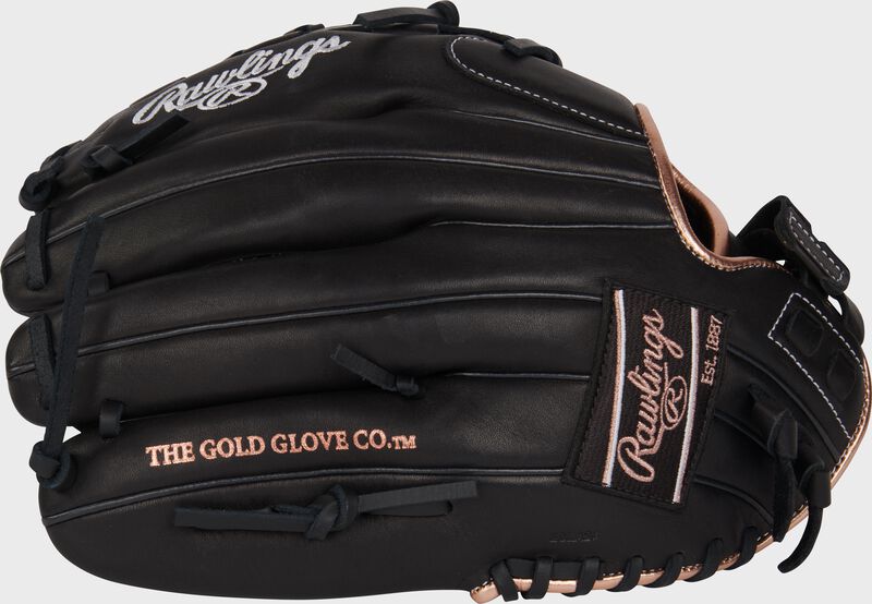 Black back of a R9 Series 12.5" fastpitch glove with a black/rose gold Rawlings patch loading=
