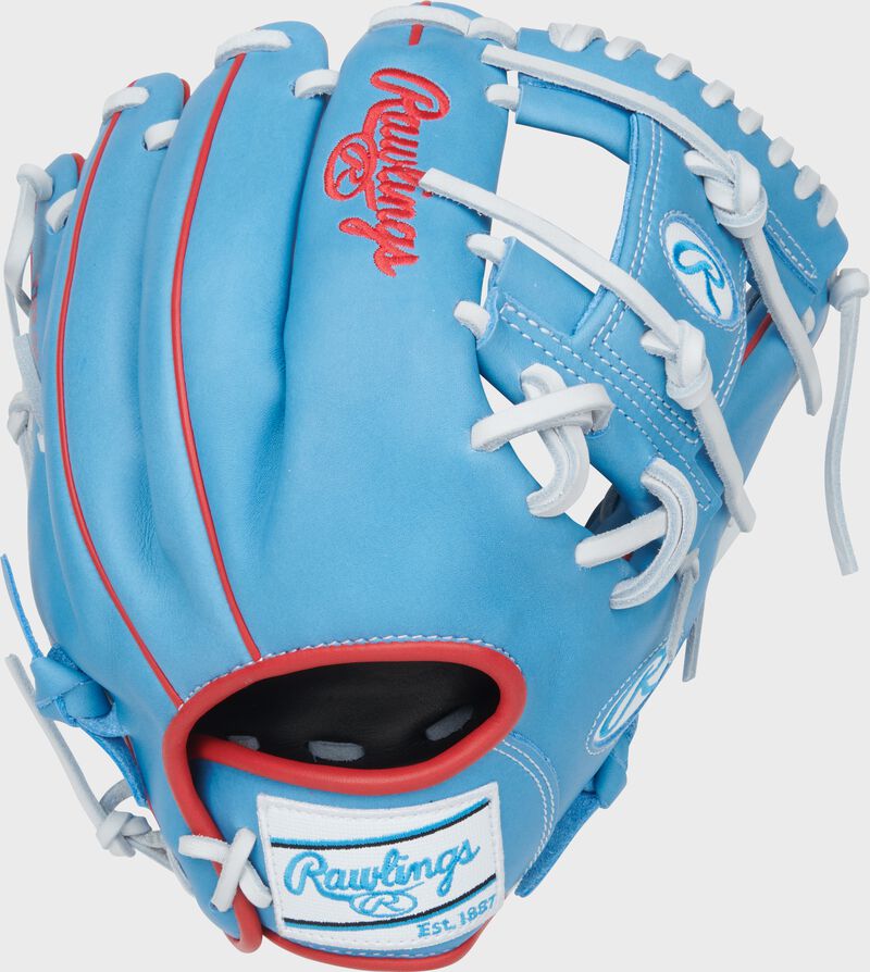 Back of a Columbia blue Rawlings NXT Series 11.75-Inch Infield Glove with a white Rawlings patch