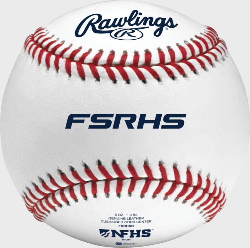 A Rawlings high school flat seam baseball with red seams and the NFHS logo - SKU: FSRHSN loading=
