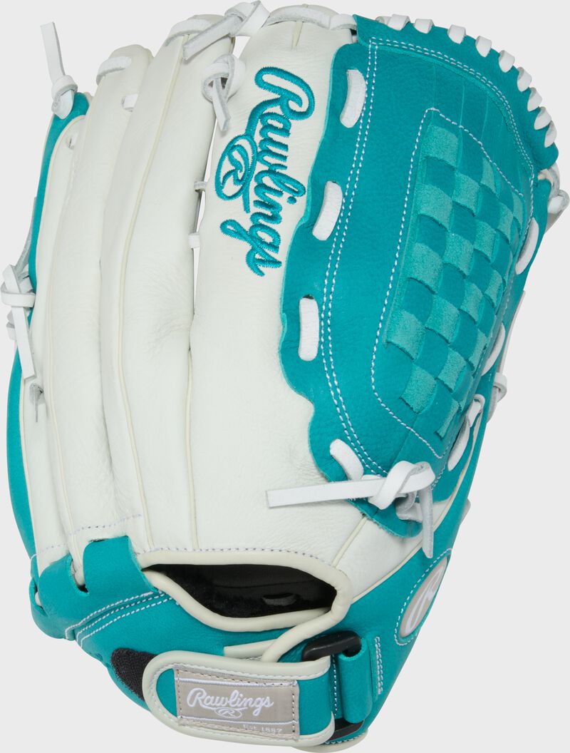 Back of a white/teal Shut Out 13-inch Fastpitch Softball Glove