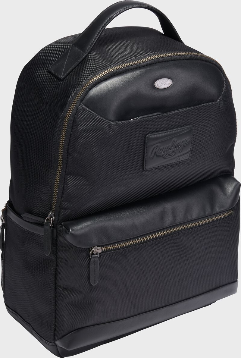 Side angle view of a black Rawlings Deuce backpack loading=
