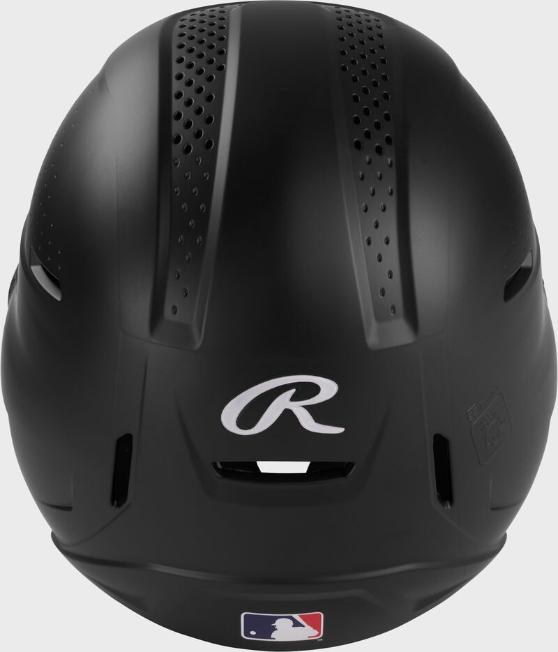 Back of a black Rawlings RX2 Reverse batting helmet