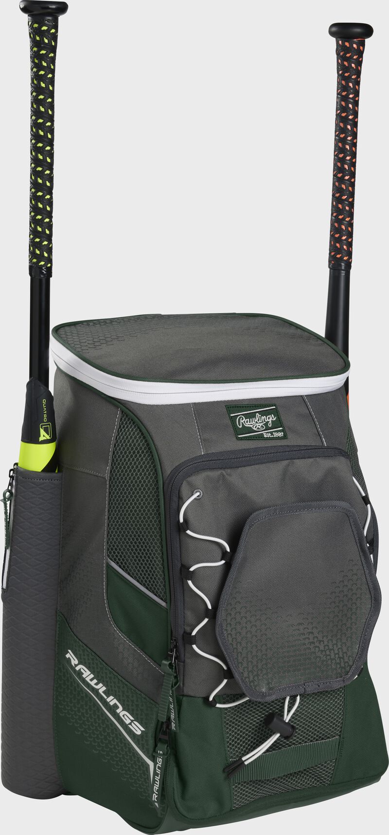 Front left angle of a dark green Rawlings Impulse baseball gear backpack with two bats - SKU: IMPLSE-DG