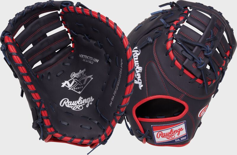 2 images showing the back & palm of a navy Rawlings NXT Series 1st base mitt