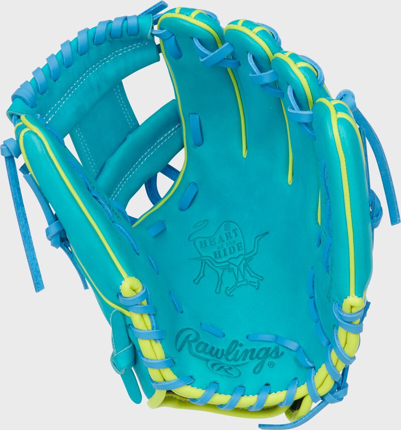 Palm of a Heart of the Hide ContoUR Fit 11.5-Inch Teal Infield Glove with teal laces