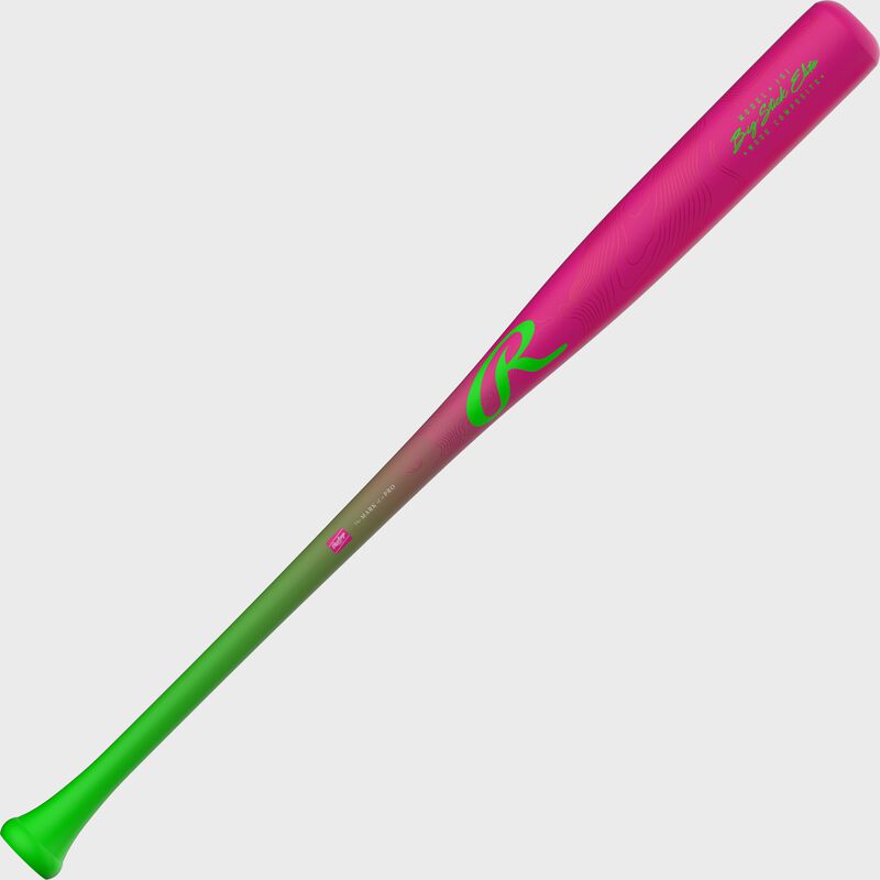 A pink/green Rawlings Big Stick Elite youth maple/bamboo wood composite bat