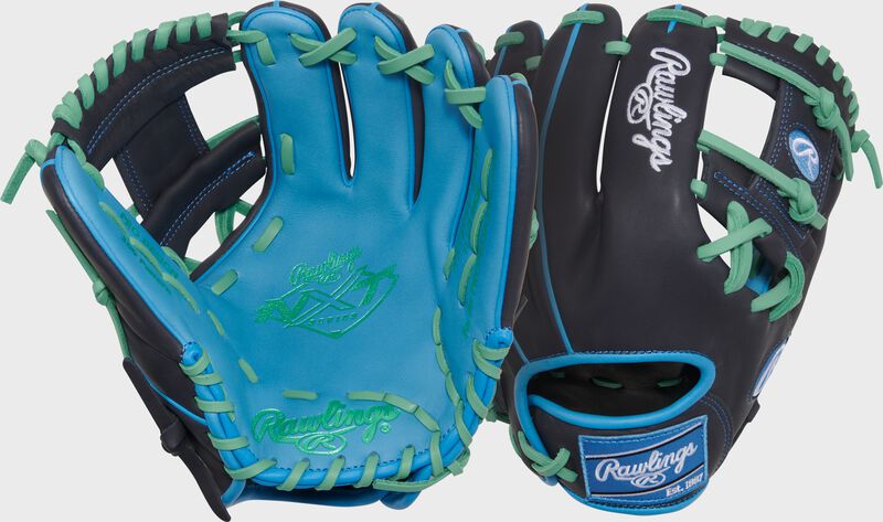 Two images showing the palm & back of a columbia blue/navy Exclusive Rawlings NXT Series 11.5" Infield Glove loading=
