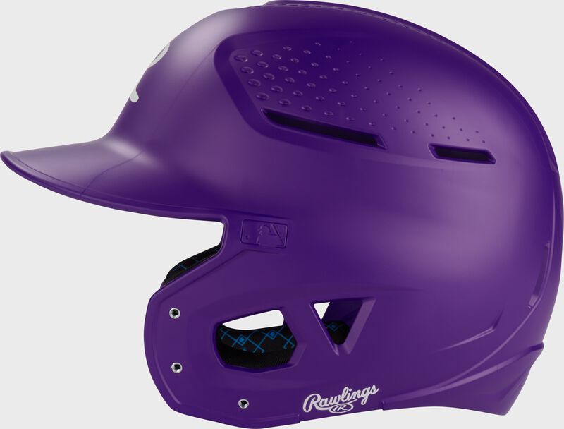 Left side of a purple Rawlings RX2 batting helmet