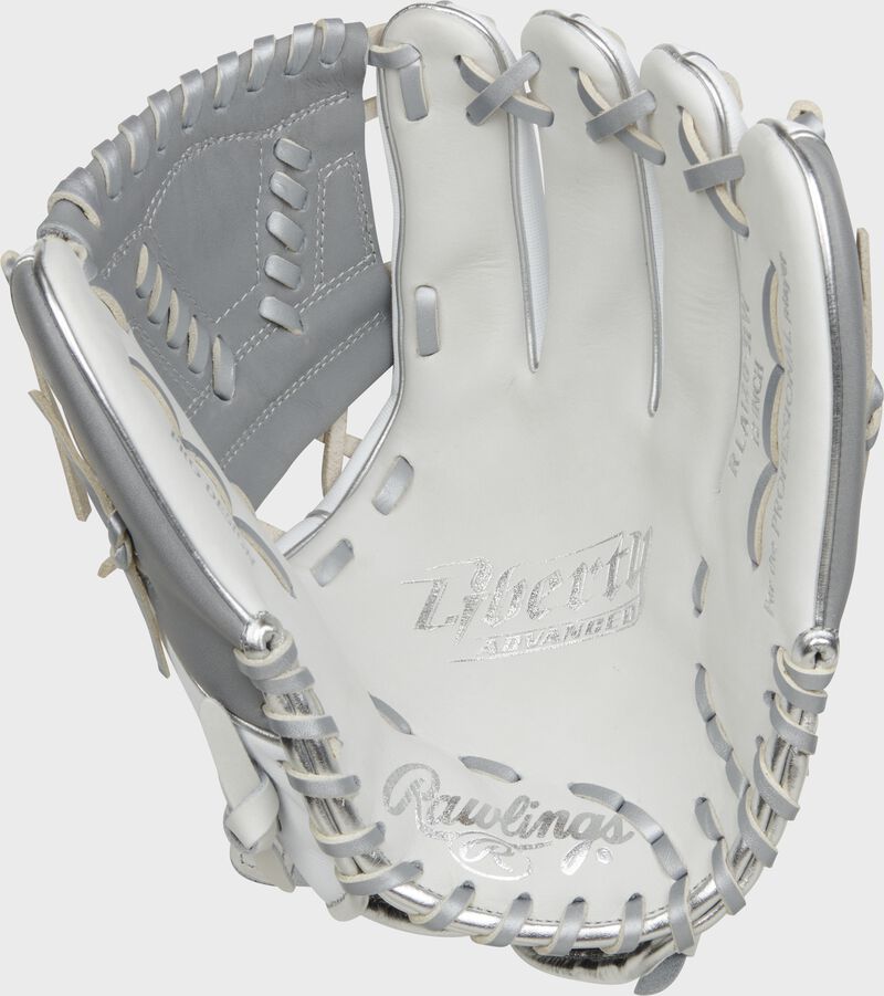 White palm of a Rawlings Liberty Advanced fastpitch softball glove with platinum laces - SKU: RLA120-31WSS loading=
