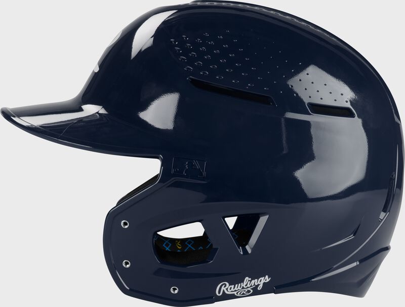 Left side of a navy Rawlings RX2 gloss baseball batting helmet