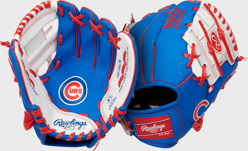 Two images showing the palm & back of a royal Chicago Cubs team logo youth glove loading=
