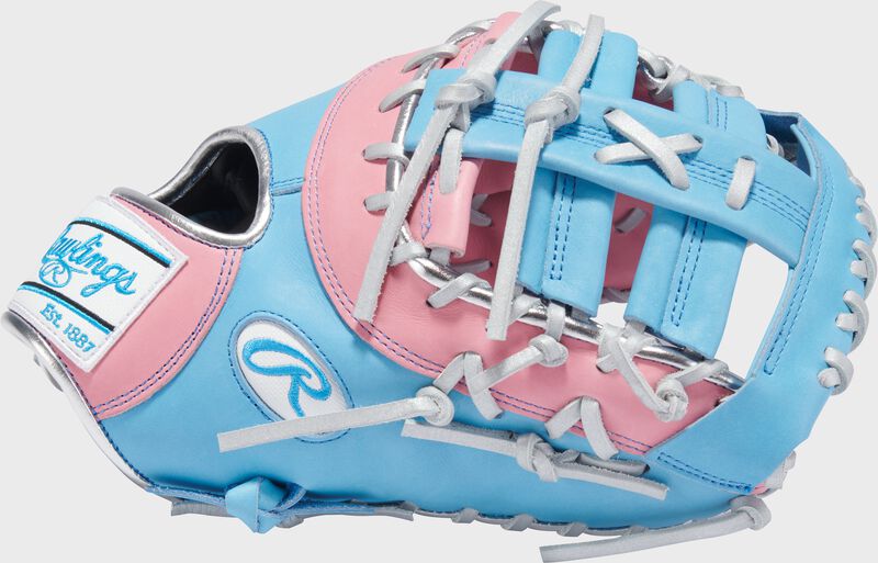 Thumb of a pink/columbia blue Heart of the Hide R2G 13" 1st base mitt with a columbia blue single post, double bar web