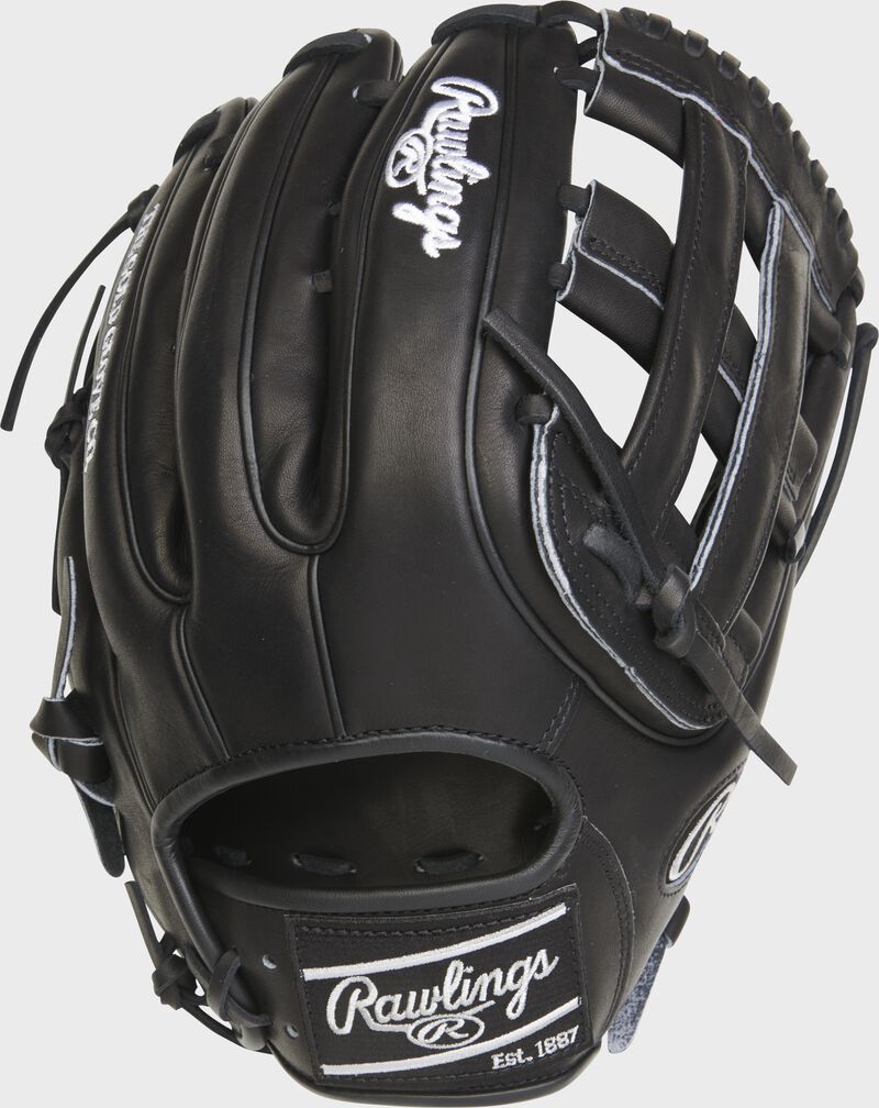 Back of a blackout Heart of the Hide R2G 12.75" H-web outfield glove with a black Rawlings patch - SKU: RSGPROR3319-6B