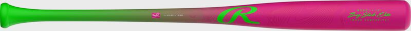A Rawlings Big Stick Elite youth maple/bamboo wood composite bat with a pink barrel and green handle