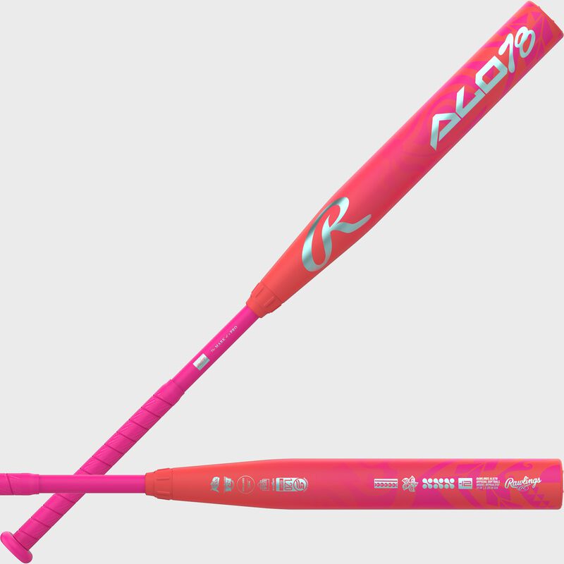 Two images showing both sides of the barrel of a pink Rawlings ALO78 -12 fastpitch softball bat