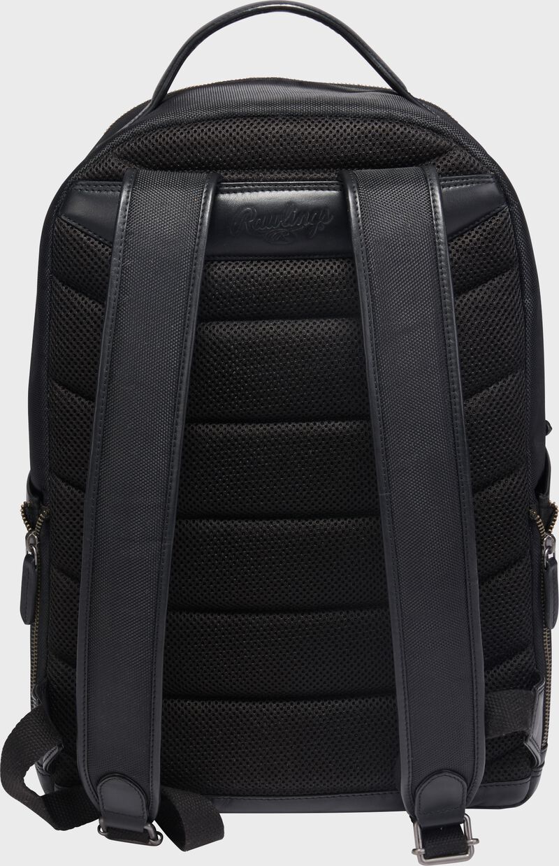 Back of a black Rawlings Deuce backpack with black shoulder straps loading=