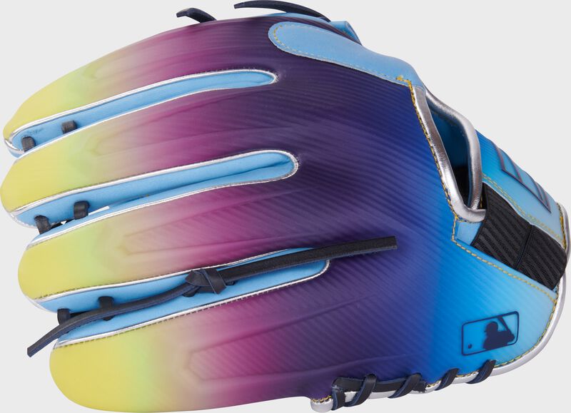 Columbia blue/navy/purple/yellow design REV1X back of a Rawlings REV1X infield glove with the MLB logo on the pinky loading=