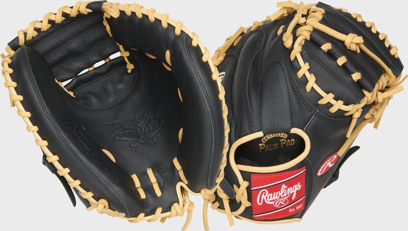 Two images showing the palm & back of a black Rawlings Adley Rutshman Select Pro Lite 32" Catcher's Mitt loading=