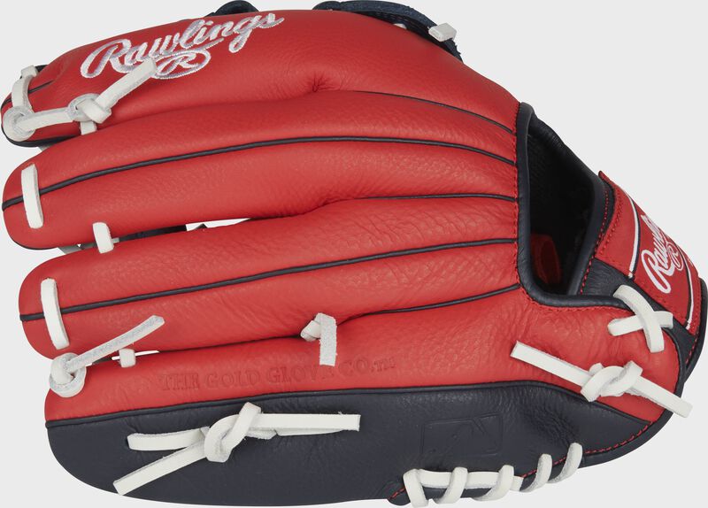 Scarlet back of a Rawlings Select Pro Lite Ronald Acuna Jr. glove with the MLB logo on the pinky - SKU: SPL115RA loading=