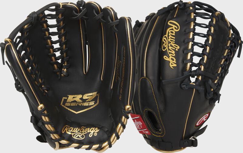 Two images showing the palm & back of a black R9 Series 12.75" outfield glove loading=
